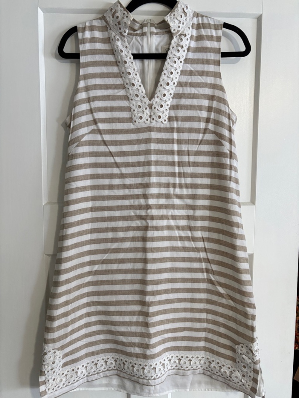 Eliza J Cream and Beige Striped Eyelet Trim Dress